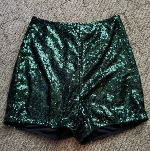 High waisted dark emerald green sequin shorts
